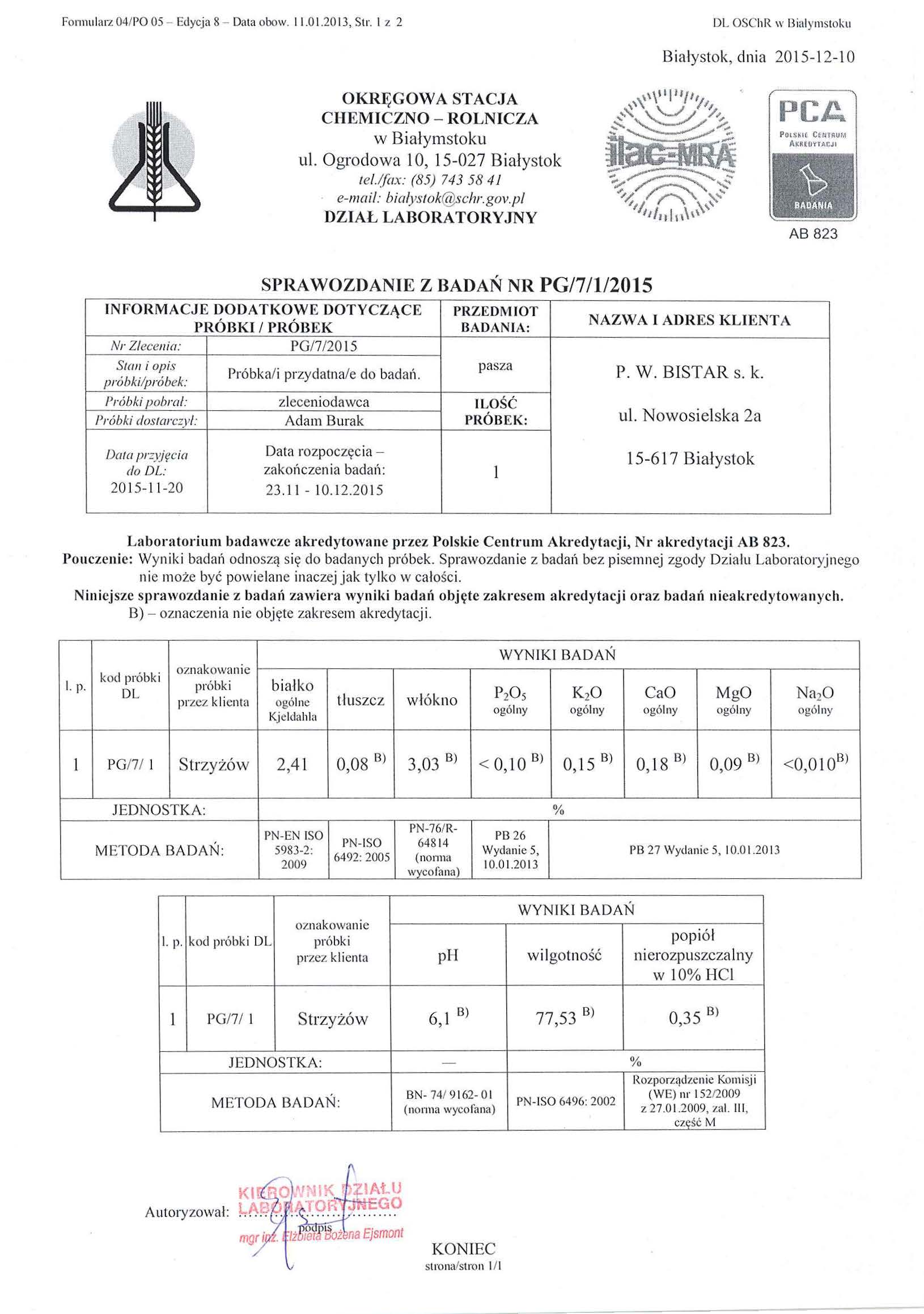 Protokół badań BEZ GMO Wysłodki BISTAR