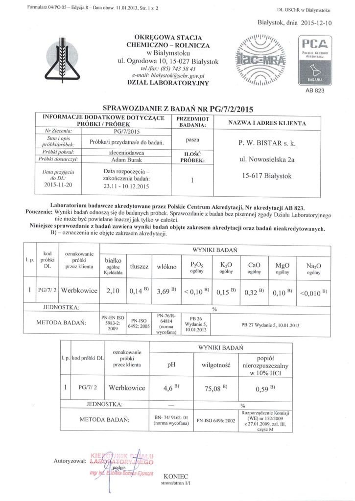 Protokół badań BEZ GMO Wysłodki BISTAR