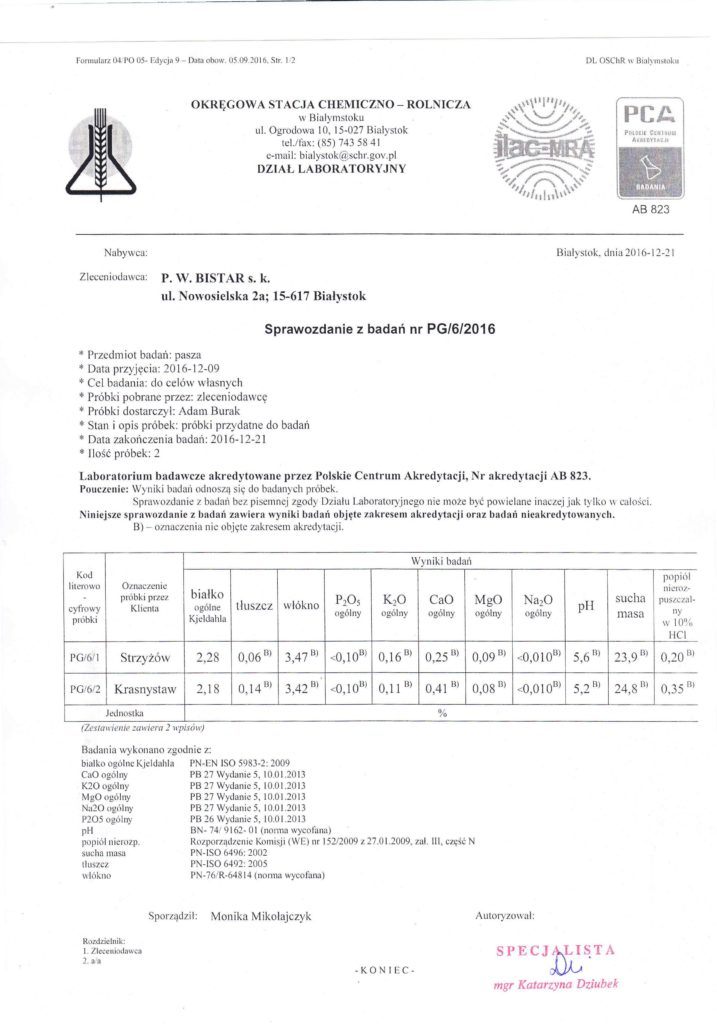 Protokół badań BEZ GMO Wysłodki BISTAR