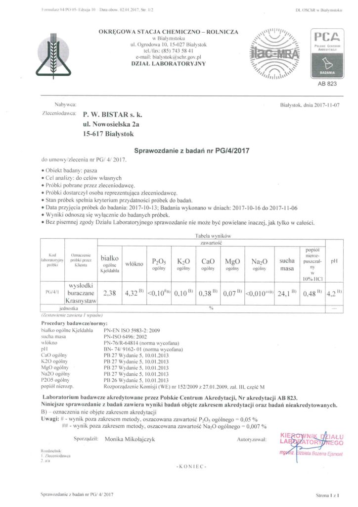 Protokół badań BEZ GMO Wysłodki BISTAR